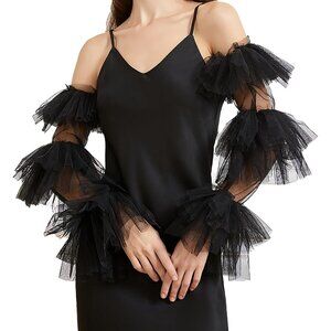 Women's Black-3 Velvet Satin Mesh Ruffled Puff Long Gloves Banquet Party Tea